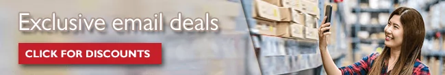 An email banner with the message "Exclusive email deals" and a "CLICK FOR DISCOUNTS" button, next to a photo of a woman holding up a smartphone and smiling.