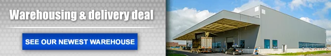 An email banner with the message "Warehousing & delivery deal" and a "SEE OUR NEWEST WAREHOUSE" button, next to a photo of a large warehouse exterior.