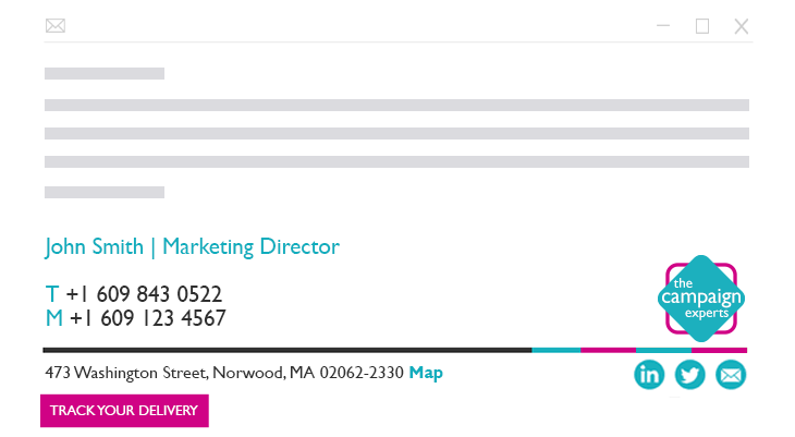 An email signature for John Smith, with contact details, The Campaign Experts logo, and various social media icons.