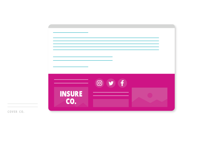 A graphic of an INSURE CO. email banner, surrounded by stars and documents.