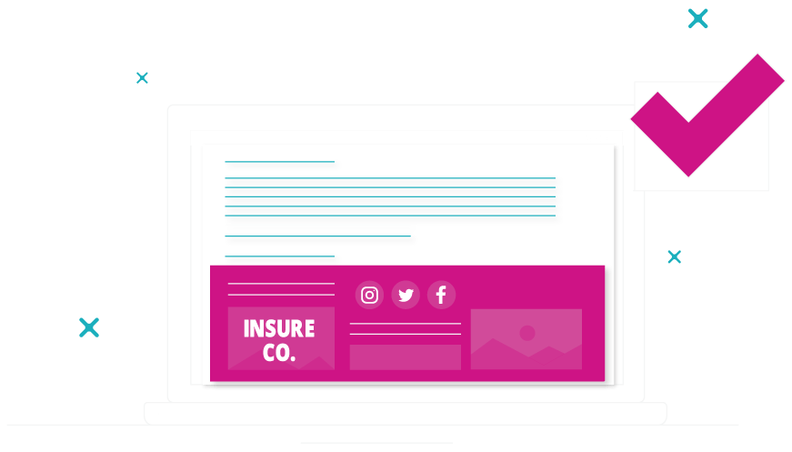A graphic of a laptop with an INSURE CO. email banner on screen, next to a checked box.
