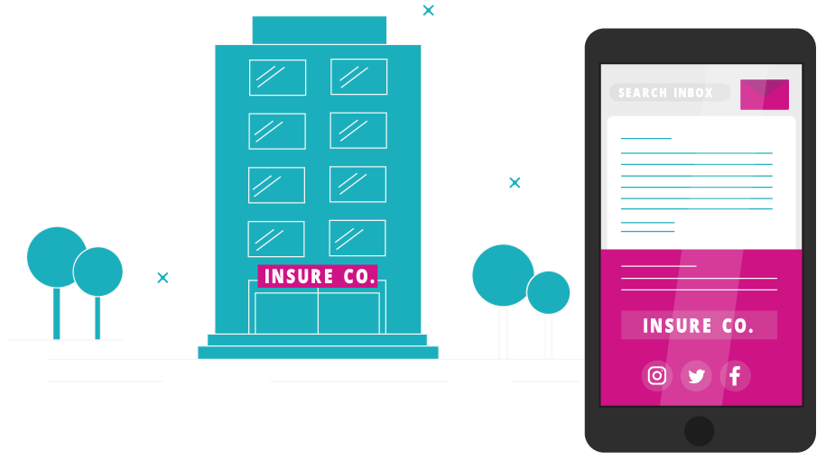 A graphic of a building labelled INSURE CO. next to a phone screen showing an email, also labelled INSURE CO.