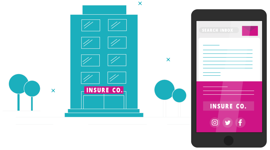 A graphic of a building labelled INSURE CO. next to a phone screen showing an email, also labelled INSURE CO.