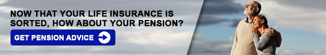 An email banner with the words NOW THAT YOUR LIFE INSURANCE IS SORTED, HOW ABOUT YOUR PENSION? above a GET PENSION ADVICE button, next to a photo of an older man and woman embracing.