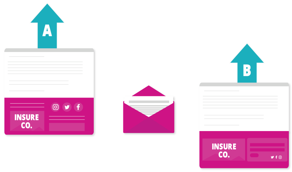 A graphic showing one document labelled A with an arrow pointing up, one document labelled B with an arrow pointing up, and an open envelope between them both, connected by lines.