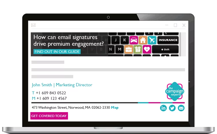 A laptop showing an email from Emma Johnson on screen, with a The Campaign Experts branded banner and email signature.