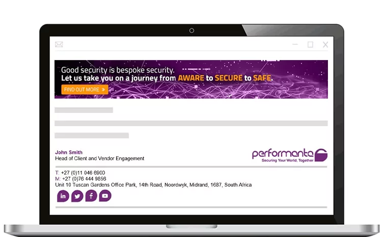 A laptop showing an email from John Smith on screen, with a Performanta branded banner and email signature.