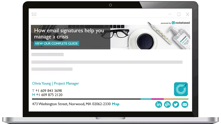 A laptop showing an email from Olivia Young on screen, with a Rocketseed branded banner and email signature.