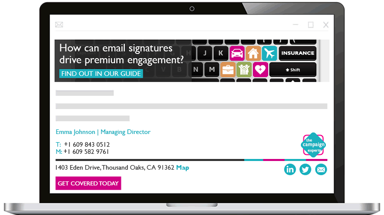 A laptop showing an email from Emma Johnson on screen, with a The Campaign Experts branded banner and email signature.