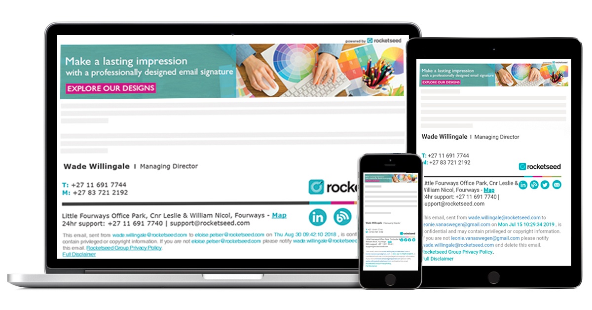 A laptop, iPhone, and tablet, all showing a Rocketseed email banner & signature on-screen.