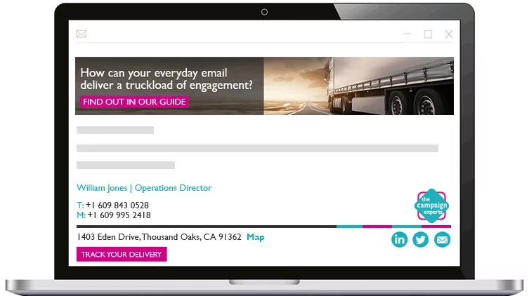 A laptop showing an email from William Jones on screen, with a The Campaign Experts branded banner and email signature.