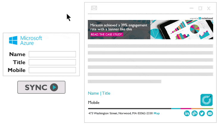 An animated graphic demonstrating syncing data from Microsoft Azure to Rocketseed.