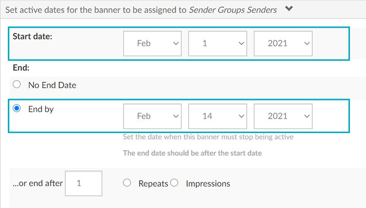 A selection window titled Set active dates for the banner to be assigned to Sender Groups Senders.