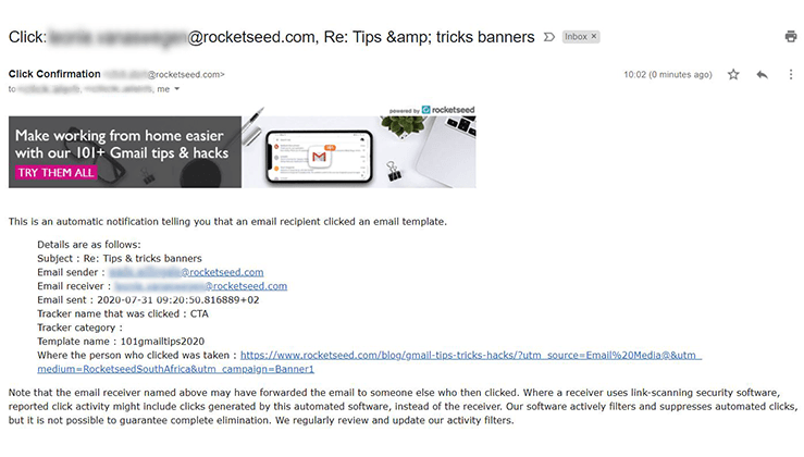 An email with a Rocketseed banner at the top, and a template click notification report in the email body.