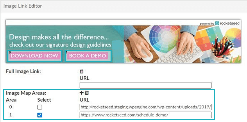 A screenshot of the Image Link Editor, showing an email banner with various hyperlinks beneath it.