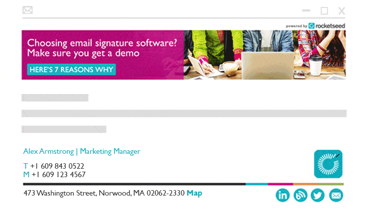 An animated graphic demonstrating changing email banners above a Rocketseed email signature.