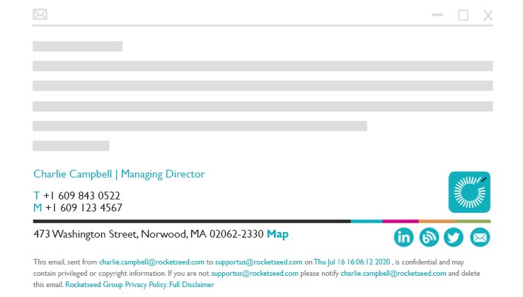 A Rocketseed email signature for Charlie Campbell, Managing Director, showing contact details, the Rocketseed logo, and various social media buttons.