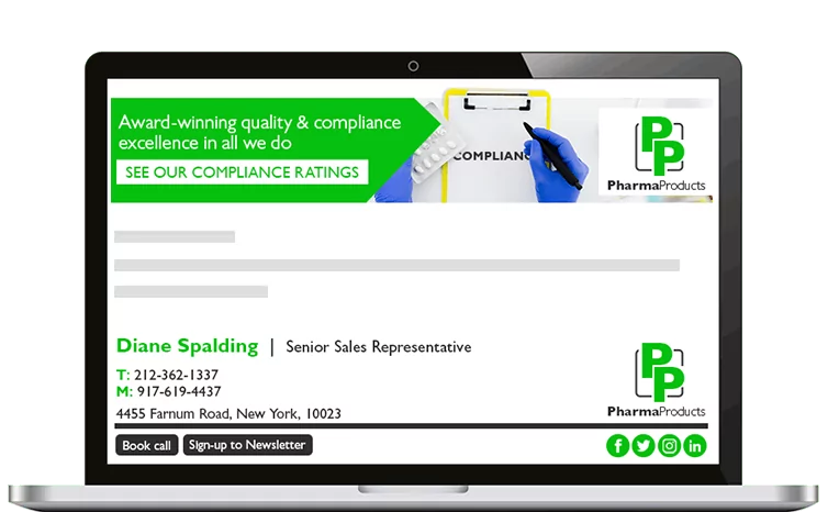 A laptop showing an email from Diane Spalding on screen, with a PharmaProducts branded banner and email signature.