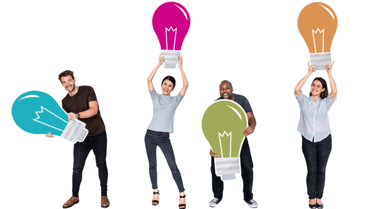 Four people hold up colourful light bulb icons.