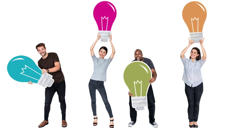 Four people hold up colourful light bulb icons.