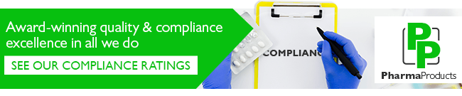 An email banner with the message "Award-winning quality & compliance excellence is all we do, SEE OUR COMPLIANCE RATINGS", next to a photo of gloved hands writing on a clipboard, and the PharmaProducts logo.
