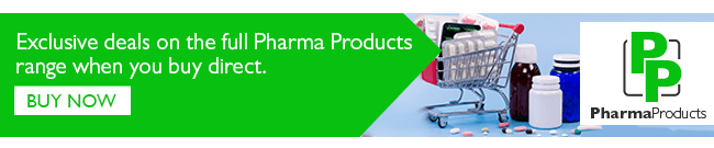 An email banner with the message "Exclusive deals on the full Pharma Products range when you buy direct, BUY NOW", next to a photo of a miniature shopping trolley surrounded by pills, and the PharmaProducts logo.