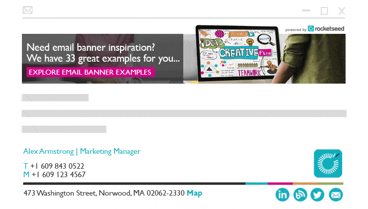 An animated graphic demonstrating changing positioning of email banners from above to below a Rocketseed email signature.