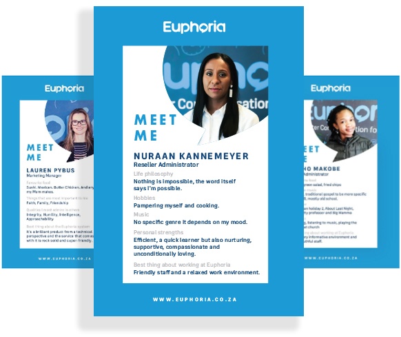 Three employee information cards with the Euphoria logo at the top, followed by a profile picture, the words "Meet Me" and employee information.