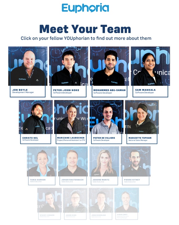 A page of staff profile photographs titled Meet Your Team: Click on your fellow YOUphorian to find out more about them, with the Euphoria logo at the top of the page.