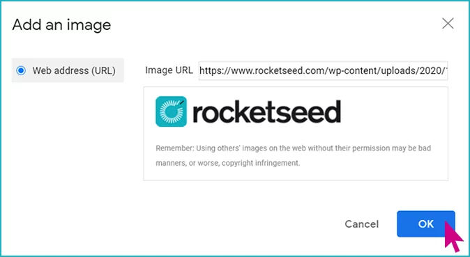 A screenshot of a window titled Add an image, with the Rocketseed logo selected and a pink arrow hovering over the "OK" button.