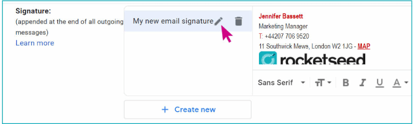 A screenshot of the Gmail email composer, with Jenny Bassett's email signature selected, and a pink arrow hovering over "My new email signature"