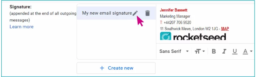 A screenshot of the Gmail email composer, with Jenny Bassett's email signature selected, and a pink arrow hovering over "My new email signature"