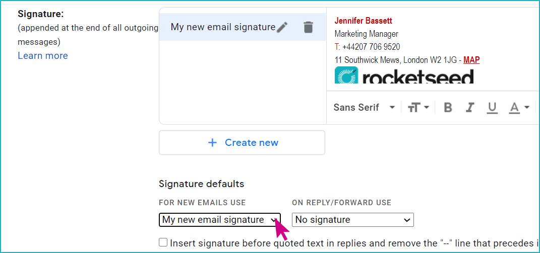 A screenshot of the Gmail email composer, with Jenny Bassett's email signature selected, and a pink arrow hovering over "My new email signature"