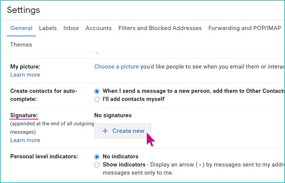 A screenshot of a settings window, with the General tab selected, and a pink arrow hovering over the "Create New" signature button.