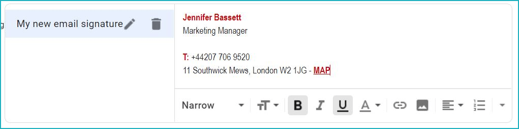 A screenshot of the Gmail email composer, with Jenny Bassett's contact details visible, and "My new email signature" selected.