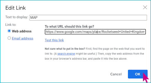 A selection window titled Edit Link, with a pink arrow hovering over the "OK" button.