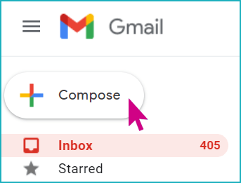A close-up of the Gmail interface, with a pink arrow hovering over the "Compose" button.