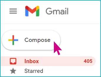 A close-up of the Gmail interface, with a pink arrow hovering over the "Compose" button.