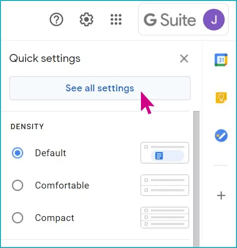 A screenshot of the GSuite Quick Settings menu, with a pink arrow hovering over the "See all settings" button.