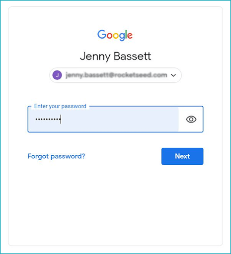 A screenshot of the GSuite login page, showing Jenny Bassett's details.
