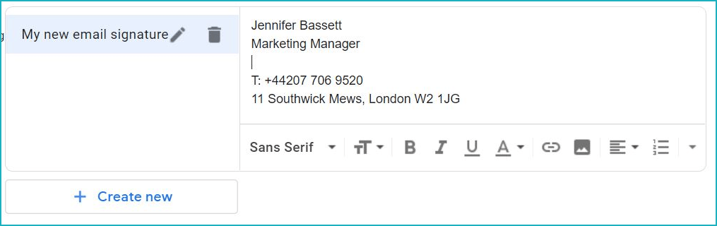 A screenshot of the Gmail email composer, with My new email signature selected and Jenny Bassett's contact details in the text editor.