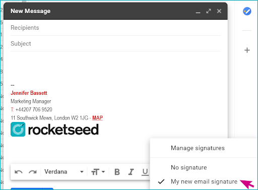 A screenshot of the Gmail email composer, with Jenny Bassett's contact details and the Rocketseed logo in the text editor, and a pink arrow hovering over My new email signature in the Manage signatures menu.