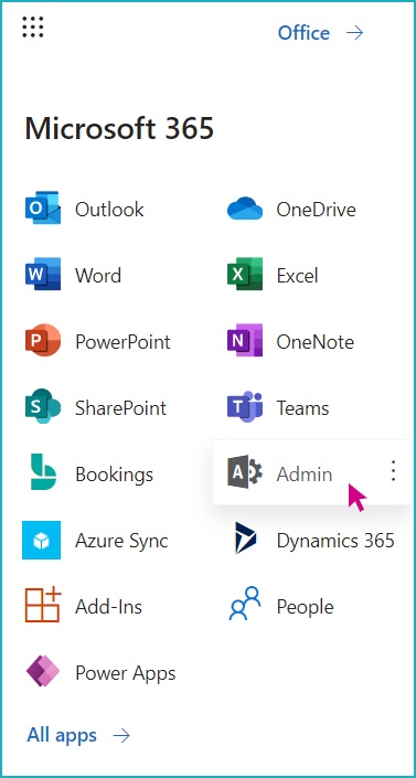 A screenshot of a Microsoft 365 console, with a pink arrow hovering over "Admin" on the menu.