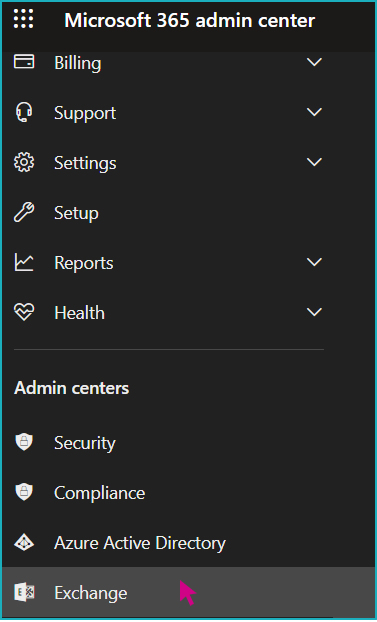 A screenshot of the Microsoft 365 admin center, with a pink arrow hovering over "Exchange".