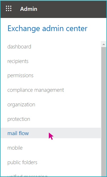 A screenshot of the Exchange admin center, with a pink arrow hovering over "mail flow".