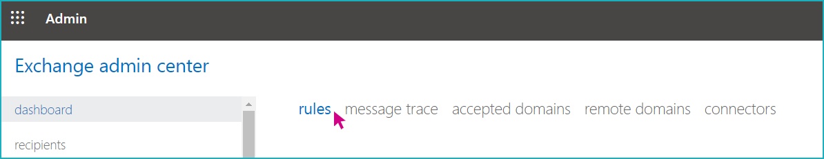 A screenshot of the Exchange admin center, with a pink arrow hovering over "rules".
