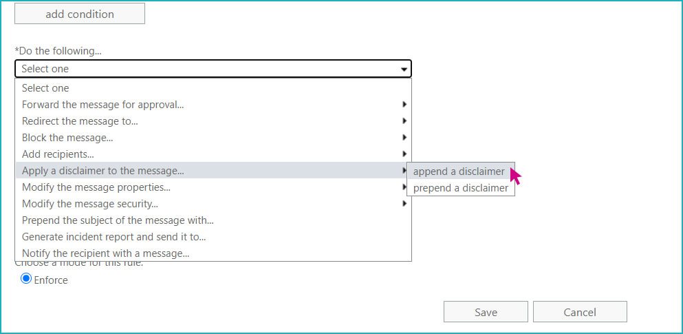 A screenshot of a selection window titled add condition, with a pink arrow hovering over Apply a disclaimer to the message... append a disclaimer.