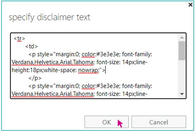 A screenshot of a selection window titled specify disclaimer text, with a pink arrow hovering over the "OK" button.
