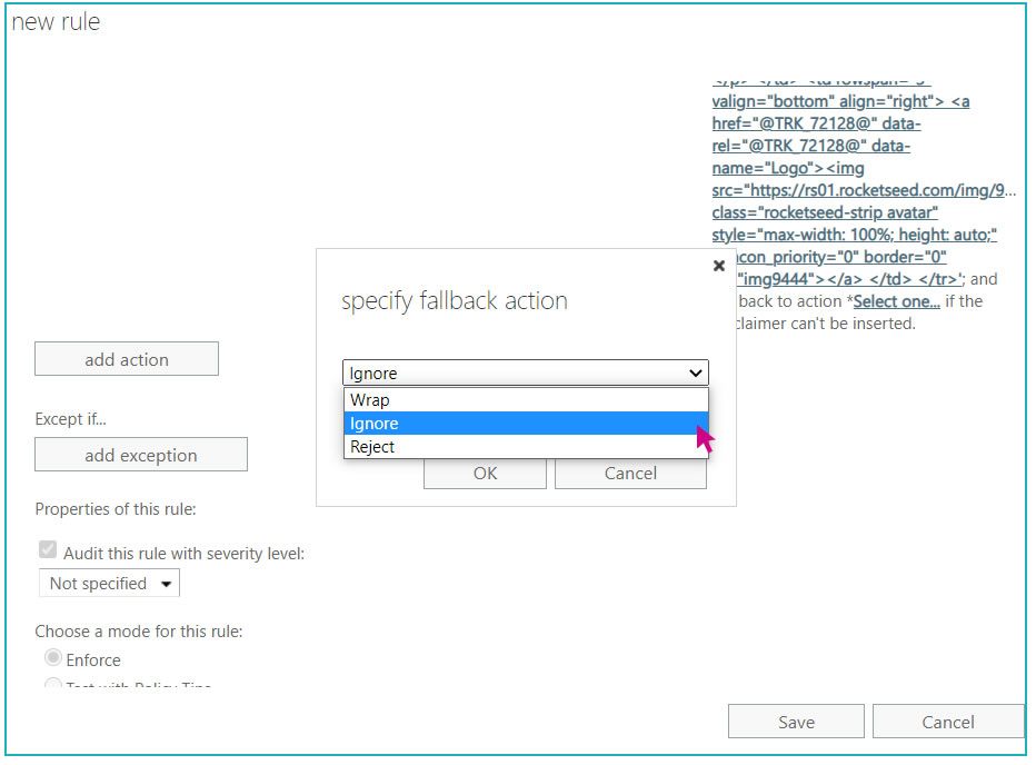 A screenshot of a selection window titled new rule, with a pop-up window titled Specify Fallback Action, with Ignore selected from a dropdown menu.