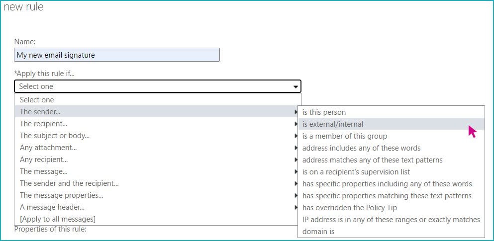 A screenshot of a window titled "new rule" with "the sender is internal/external" selected.